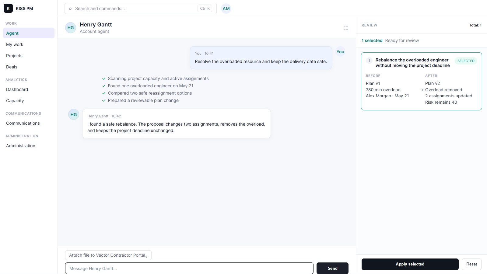 KISS PM agent conversation with a resource-rebalancing proposal and a selected review card.